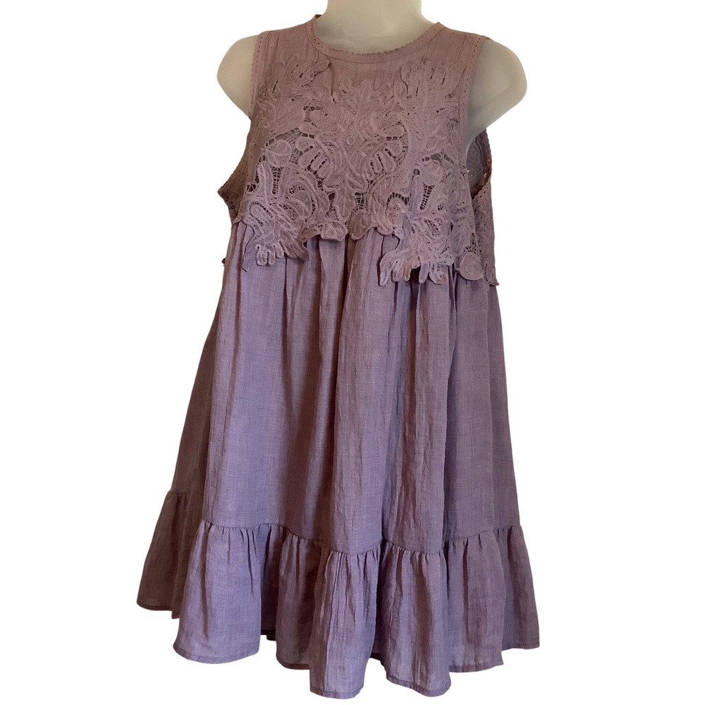 Umgee Womens Mauve Purple Lace Crochet Boho Gauze Tiered Ruffle Mini Dress Med. - Picture 5 of 9